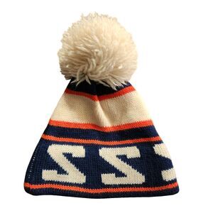 Smiley Knit Beanie Cap 100% Wool Cream Blue Orange w/ Pom Pom Made in Nevada